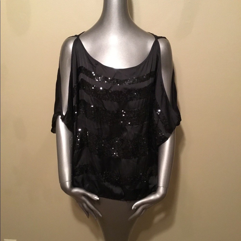 Bebe black sequins cold shoulder blouse tops